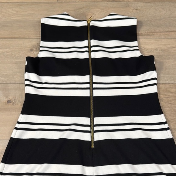 Calvin Klein Black and White Striped Sleeveless Sheath Dress with Gold Zipper - Picture 9 of 12